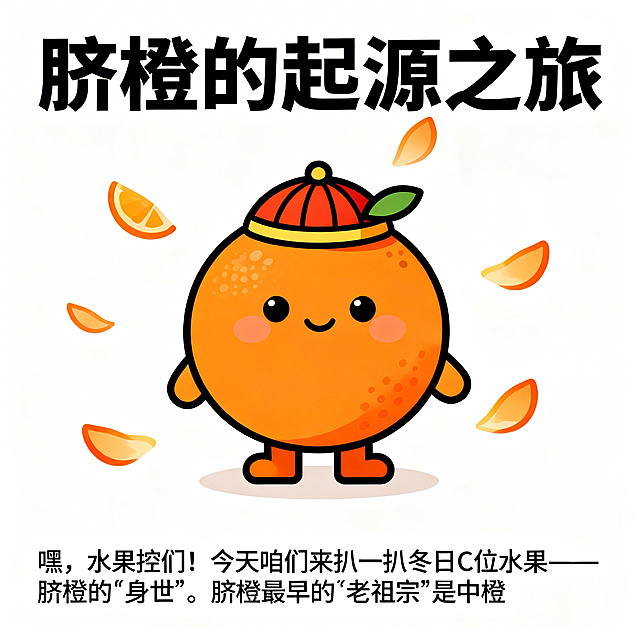 简约可爱扁平风格，Q版拟人化脐橙戴着中式小帽子，周围飘着甜橙花瓣，上方配文字“脐橙的起源之旅”，下方配文字“嘿，水果控们！今天咱们来扒一扒冬日C位水果——脐橙的‘身世’。脐橙最早的‘老祖宗’是中国甜橙。”