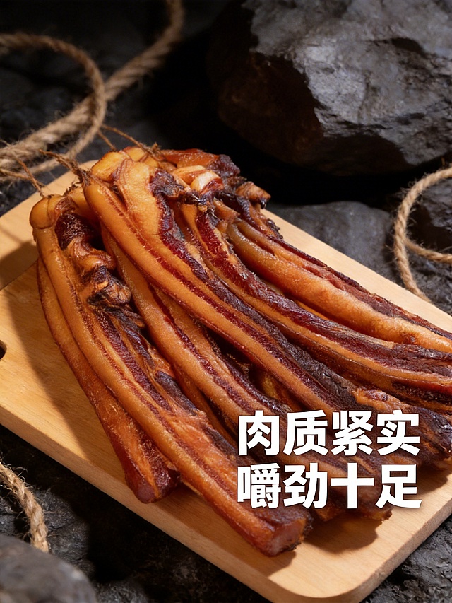 以这张广式腊肉为主体，设计高级有食欲的电商主图，添加卖点“肉质紧实 嚼劲十足”，用硬朗的侧光突出腊肉紧实的肉质纹理，背景搭配深色岩石和麻绳装饰，凸显腊肉的质感