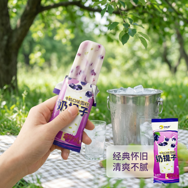 [主图-4] 淇乐多奶提子雪糕食用场景图
[氛围风格] 夏日清爽日常场景，自然代入感
[画质] 商业摄影质感，光线柔和通透，产品清晰真实，画面干净高级
[元素] 一只手拿着拆开的淇乐多奶提子雪糕，背景预览效果