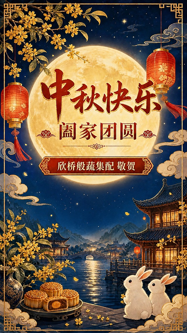 基于参考图重新生成，保持整体国风新中式中秋海报风格、深蓝夜空满月背景、桂花枝、红灯笼、古建筑水景、玉兔月饼等元素和构图布局不变。完全去掉画面中部"祝各位客户中秋快乐，阖家团圆"这行祝福语文字及其下方的装饰分割线，该区域用夜空背景自然填充，保持画面完整协调。保留主标题"中秋快乐"、副标题"阖家团圆"以及"欣桥般蔬集配 敬贺"牌匾。整体画面精美，节日氛围浓厚。画面中不得出现二维码占位符、二维码图案或任何扫码区域。