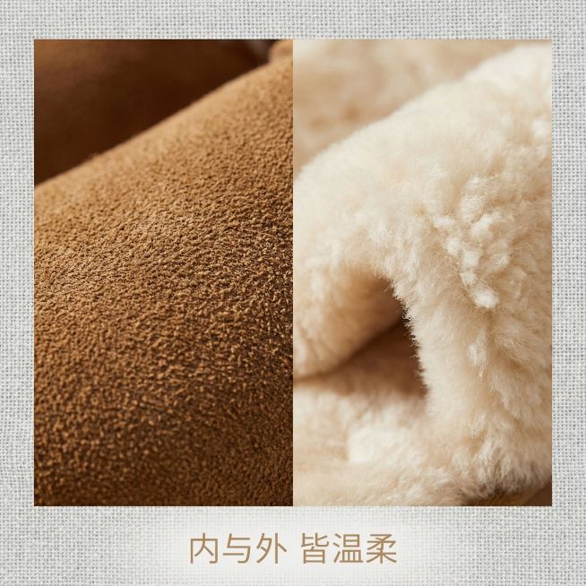 微距俯拍：左半部分为牛反绒表面特写（强调纹理），右半部分为翻折鞋口露出的羊羔绒内里特写（强调柔软）

背景：浅灰色粗布纹理

文字排版（居中底部）：
「内与外 皆温柔」
（字体：无衬线细体，颜色：燕麦预览效果