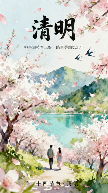 清新东方水彩风清明节气海报桃林踏青思念意境视觉设计预览效果