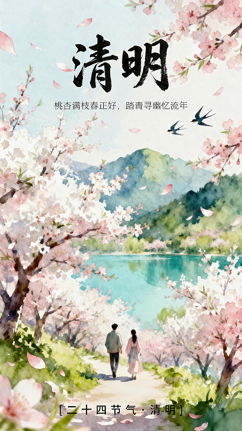 清新东方水彩风清明节气海报桃林踏青思念意境视觉设计