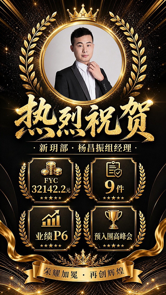 一张竖版9:16的保险业绩荣誉贺报海报，黑金高端奢华风格，强烈的荣誉仪式感。画面上方居中放置一位穿黑色西装的亚洲男性半身职业照（使用提供的照片，人物面部清晰完整，边缘流畅自然融合，圆形金色画框包裹，衔接自然无生硬感）。主标题为金色烫金书法大字"热烈祝贺"，气势磅礴。副标题为"新玥部·杨昌振组经理"。中部用金色徽章式设计排列业绩数据："FYC 32142.2元"、"9件"、"业绩P6"、"预入围高峰会"，每个数据配精致图标，呈对称布局。底部装饰语："荣耀加冕 · 再创辉煌"，配金色飘带元素。背景为纯黑色渐变，点缀金色光斑、射线光效和奢华纹理，顶部有金色桂冠装饰，整体庄重大气、高端奢华、仪式感满满、排版精美。画面中所有数字必须精确渲染：32142.2、9、P6，不得错位遗漏或编造。画面中不得出现二维码、二维码占位符或任何扫码区域。画面中所有信息区域必须填充完整合理的内容，不得出现空白框、空白占位、横线待填写区域，确保是完整可用的成品海报。