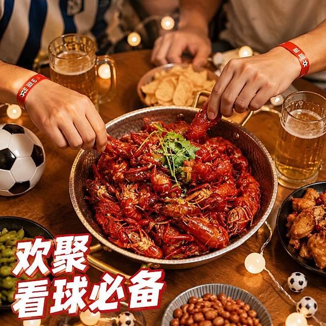 桌上摆放着小龙虾、啤酒和小吃，多人围坐享用，氛围热烈，适合球迷聚会场景