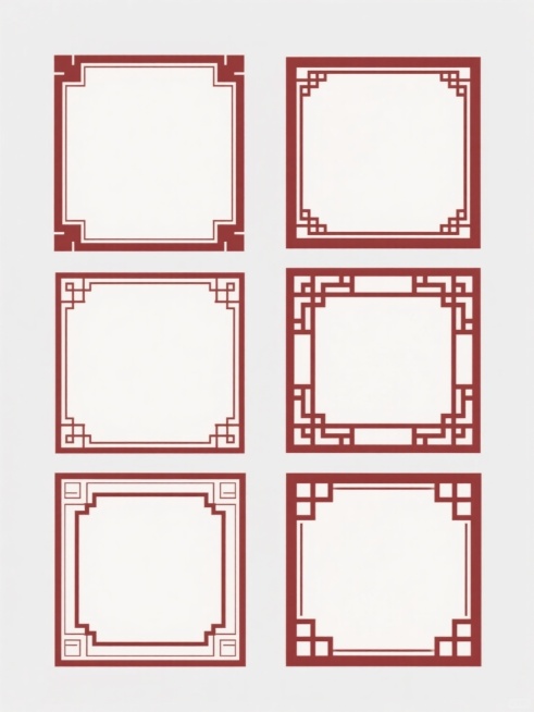 六个规整排布的中式边框设计素材，每个边框采用不同样式的传统中式纹样，保持简约现代的整体造型，线条为深红色描边，内部为纯白色填充，整体置于纯色背景上，无任何文字、logo和水印，设计风格统一，视觉层次清晰，符合现代简约的审美需求。预览效果