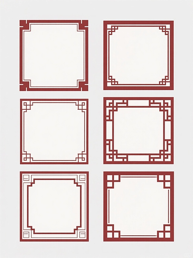 六个规整排布的中式边框设计素材，每个边框采用不同样式的传统中式纹样，保持简约现代的整体造型，线条为深红色描边，内部为纯白色填充，整体置于纯色背景上，无任何文字、logo和水印，设计风格统一，视觉层次清晰，符合现代简约的审美需求。