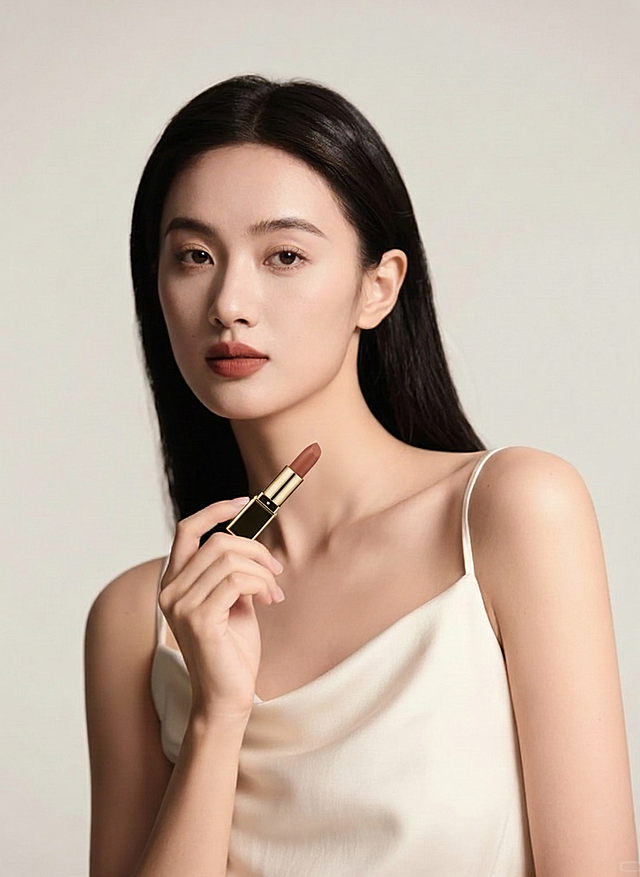 将图1的口红添加到图2的女生的手上