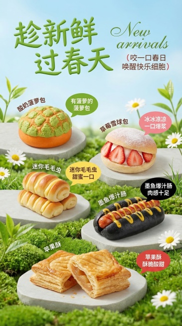 竖版烘焙新品宣传海报，写实摄影风格，高饱和度清新色调。背景为浅蓝天空+翠绿苔藓草地，点缀白色小雏菊与嫩绿枝叶；前景用浅灰色石盘分别摆放：1. 酸奶菠萝包：橙底绿色酥皮，标注"有菠萝的菠萝包"；2. 草预览效果