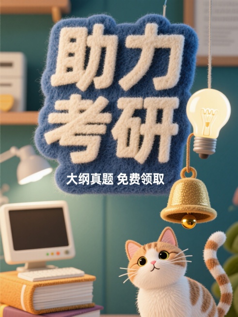 主标题为3D毛毡风“助力考研”，副标题为“大纲真题 免费领取”，右下角有一只小猫挂着铃铛，背景由电脑、灯泡、书本元素组成预览效果