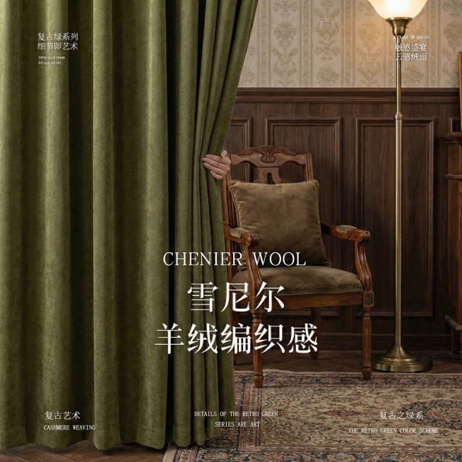 把窗帘的颜色变成橄榄绿色，不要改变原来窗帘的质感材质，其余保持不变，也不要改变字的字体，颜色，大小，排版布局；（换色）预览效果