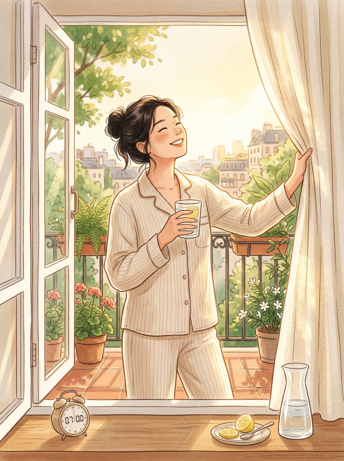 温馨明亮的室内晨景，年轻女性穿着舒适的睡衣，站在洒满阳光的窗边阳台上，左手端着一杯透明玻璃杯的温水，杯中有薄薄一片柠檬，右手轻轻拉开窗帘，阳光从窗外斜照进来，在她脸上和身上形成柔和的光斑。她面带轻松愉预览效果