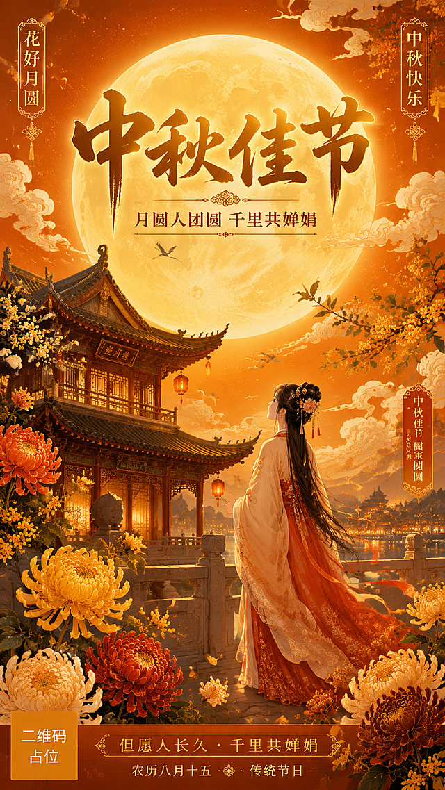 中秋节主题竖版海报，国风新中式工笔风格，画面构图饱满，兼具节奏感与层次分明之感。画面中央是一轮巨大的满月，散发着柔和的金色光芒。中景处有精美的亭台楼阁，飞檐翘角，古色古香，楼阁前站着一位身着飘逸古装的少女，长裙曳地，姿态优雅，正仰头望月。天空中飘着朵朵祥云，形态舒展，几只飞鸟掠过天际，增添灵动气息。前景和两侧点缀着盛开的鲜花，有菊花、桂花等秋季花卉，花瓣细腻，色彩丰富。画面以橘黄色为主色调，搭配金色、红色、暖棕色等，色彩浓郁丰富，细节精致。光影柔和，整体氛围温馨浪漫，充满中秋佳节的诗意与美好。画面顶部居中位置有主标题文字"中秋佳节"，字体为大气的书法体，金色描边；下方有副标题"月圆人团圆 千里共婵娟"，字体稍小，排列整齐；画面角落有"花好月圆""中秋快乐"等装饰性小字。版式精美，文字与画面和谐统一。画面中所有二维码区域使用纯色方块占位符呈现，方块中央标注"二维码占位"文字，严禁生成任何可识别的二维码图案。画面中所有信息区域必须填充完整合理的内容，不得出现空白框、空白占位、横线待填写区域，确保是完整可用的成品海报而非待填写模板。超高清画质，细节丰富，材质细腻。