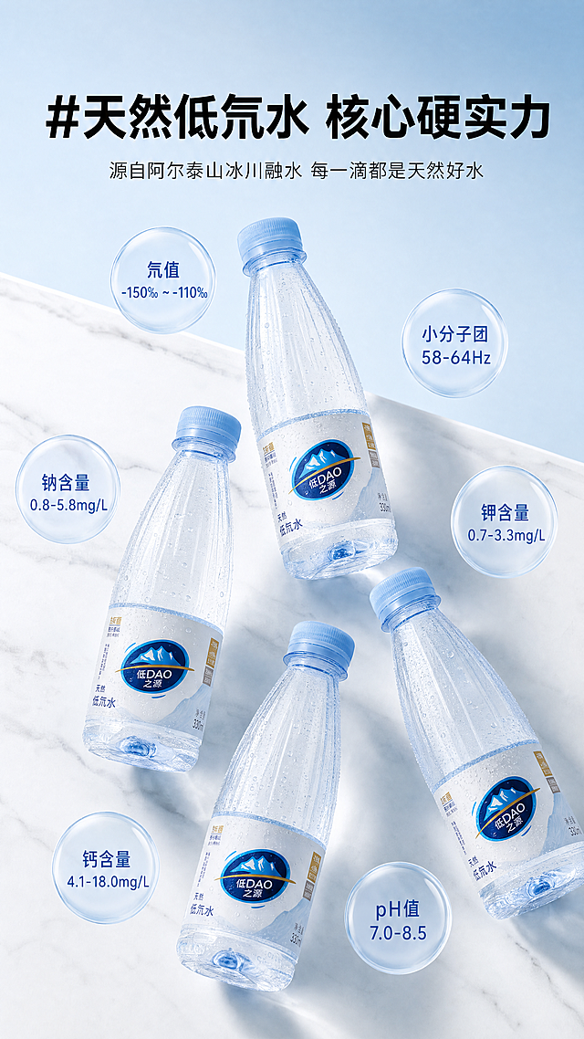 商业产品摄影海报，参考苏打水海报俯视对角线错落排版
画面主体：4瓶阿尔泰山低DAO之源低氘水，瓶身蓝白标签、浅蓝色瓶盖，瓶身印有"低DAO之源"字样，四瓶沿对角线错落摆放在浅白色大理石台面上，每瓶瓶身布满细密冷凝水珠，水质通透清澈。
背景色调：纯净浅蓝渐变背景，冷调柔光，整体清新蓝白高级色调，无多余杂物，干净通透。
文字信息：
- 主标题，画面上方居中，加粗黑体：#天然低氘水 核心硬实力
- 副标题，主标题下方，细体：源自阿尔泰山冰川融水 每一滴都是天然好水
- 半透明浅蓝色圆形气泡标注核心卖点数据，每个气泡一个参数：
「氘值 -150‰ ~ -110‰」
「小分子团 58-64Hz」
「钠含量 0.8-5.8mg/L」
「钾含量 0.7-3.3mg/L」
「钙含量 4.1-18.0mg/L」
「pH值 7.0-8.5」
整体要求：8K超清，商业产品摄影质感，光线柔和，画面干净通透，突出产品与数据信息，风格清新简约，严格锁定宽高比为 9:16