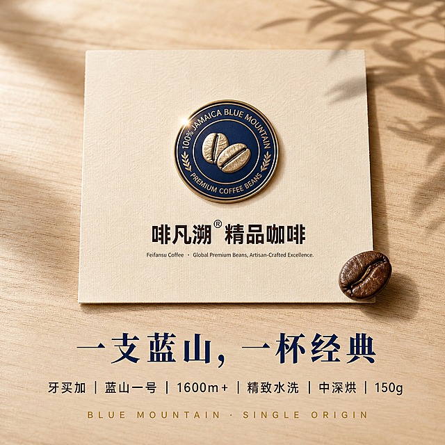 [主图-5] 参数收尾，总结产品核心参数与品质承诺，促成最终转化。
[统一基调] 高端商业摄影风格，浅米色原木底+右侧叶影，左上45°自然窗光，低AI感真实质感；主标题思源宋体深靛蓝，辅助文案思源黑体深咖，强调文案宽字距暖金色；整体留白克制，文字清晰锐利无错字。
[画面] 浅米色原木纹理桌面背景，右上方有柔和叶影。一张米色纹理卡纸平放在桌面中央，卡纸有真实纸张纹理与边缘厚度。卡纸中央有一个深靛蓝色圆形徽章，徽章中心有咖啡豆图标，徽章有金属质感反光点。卡纸右下角边缘压着一颗真实的阿拉比卡咖啡豆，椭圆豆形，豆面中线呈S形弯曲，中深烘棕褐色带油光，咖啡豆一半在卡纸上一半在原木桌面上，有自然接触阴影。画面下方留白用于文字排版。
[光影质感] 左上45°自然窗光轻扫，卡纸有纸张纹理质感，徽章有金属反光点，咖啡豆有油亮高光与真实投影，整体光影柔和自然，低AI感。
[配色] 浅米色原木底与米色卡纸为主背景色，深靛蓝徽章与主标题字，深咖辅助字，暖金强调字，整体暖调高级。
[文字版式] 画面下方居中三行文字：第一行「一支蓝山，一杯经典」，思源宋体，深靛蓝色，中大号字；第二行「牙买加｜蓝山一号｜1600m+｜精致水洗｜中深烘｜150g」，思源黑体，深咖色，中号字；第三行「BLUE MOUNTAIN · SINGLE ORIGIN」，宽字距，暖金色，小号字；文字居中对齐，排版留白克制。
[输出要求] 800×800正方形，1:1比例，淘宝/天猫主图规格；卡纸与徽章完整展示，文字清晰锐利无错字；禁止变形、模糊、杂乱背景、水印、平台Logo、直线裂缝咖啡豆。