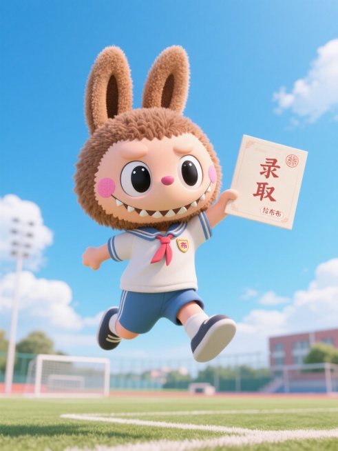 穿着中国校服，跳跃，手里拿着录取通知书“录取”，站在操场，蓝天白云预览效果