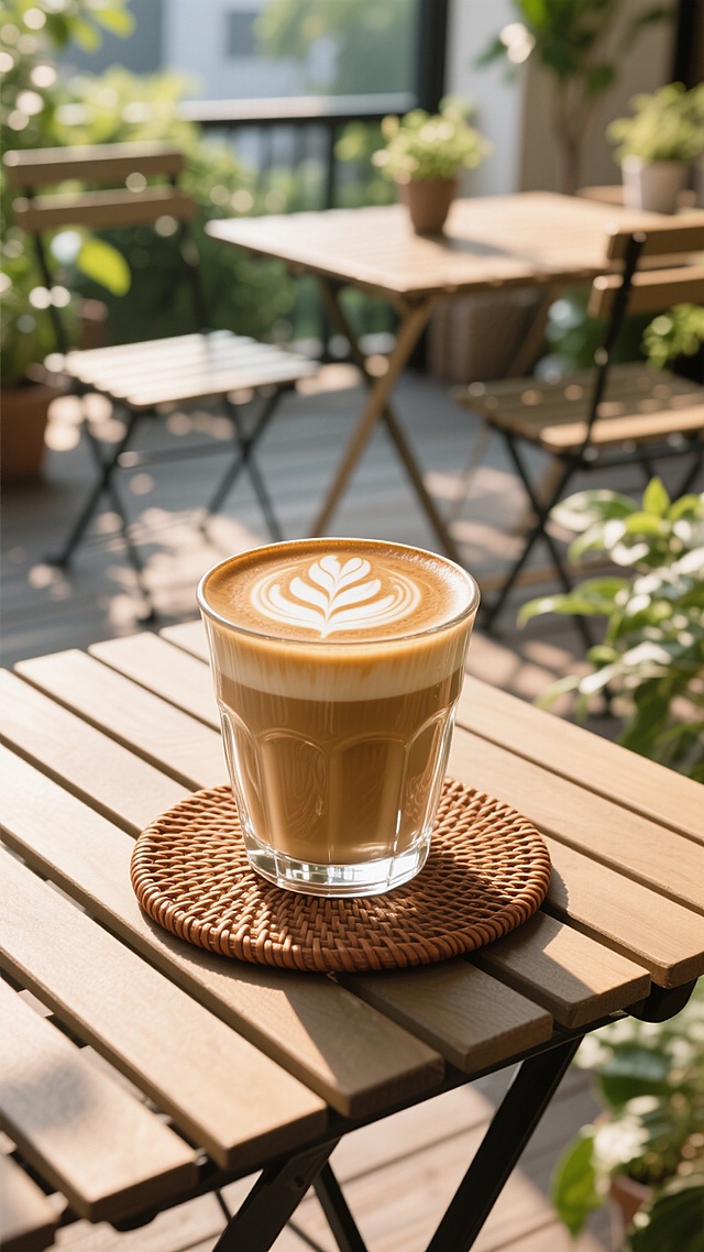 一杯装有精美树叶形状拉花的拿铁咖啡，置于透明玻璃杯中，杯子放在编织纹理的棕色杯垫上，背景改为阳光明媚的户外露台，摆放着简约的木质桌椅，周围有绿色植物点缀，整体保持高清写实风格，柔和的自然光从侧面照射，形成清晰的光影层次和温暖的色调，营造出悠闲惬意的氛围。
