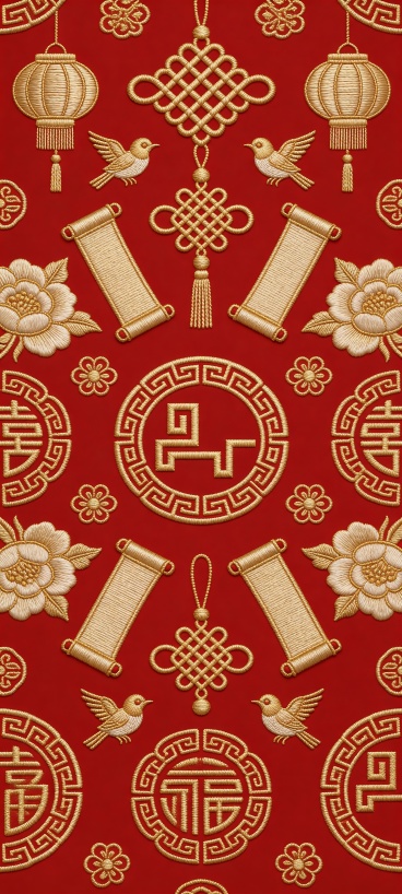 参考图1中的标志，与中国结、卷轴、灯笼、牡丹、喜鹊、福字等传统装饰元素规律性的在红色背景上乱序排列重复排布，各元素采用金色中国传统刺绣风格，正红色背景，对称式构图。丝线光泽细腻，针脚纹理清晰，4K超清预览效果