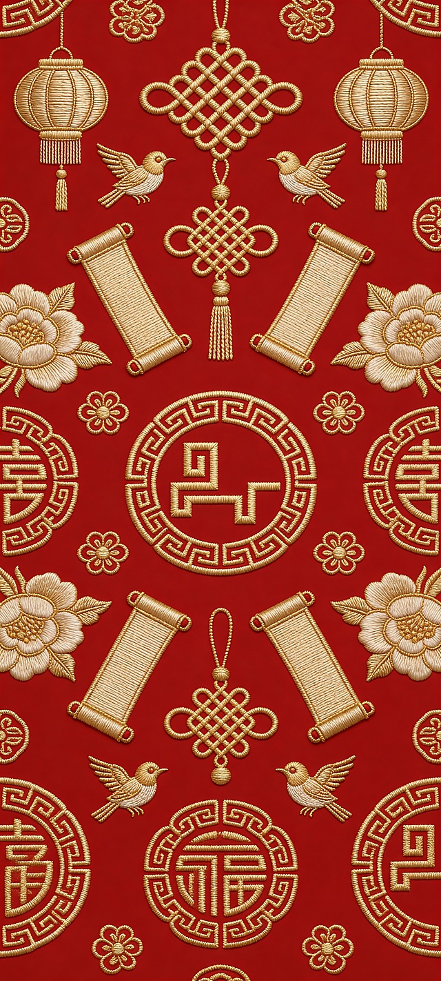 参考图1中的标志，与中国结、卷轴、灯笼、牡丹、喜鹊、福字等传统装饰元素规律性的在红色背景上乱序排列重复排布，各元素采用金色中国传统刺绣风格，正红色背景，对称式构图。丝线光泽细腻，针脚纹理清晰，4K超清奢侈品级纹样，传统吉祥元素交织呈现丰富层次感与精致细节。