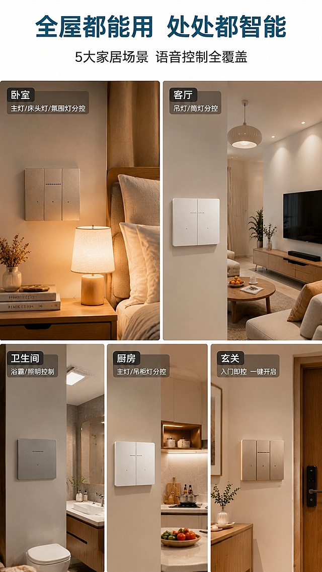 [第7屏] 详情页多场景应用拼图-5大家居场景展示。本屏使用【图2】中三款开关分别对应不同场景。
[氛围/风格] 温馨家居场景拼图风，生活气息浓厚，商业摄影质感，统一暖色调。
[元素布局] 画面采用2+3宫格拼图布局，上排2格大场景，下排3格小场景；1.卧室场景-配香槟金三开开关，床头灯光温馨；2.客厅场景-配珍珠白双开开关，吊灯+筒灯分控；3.卫生间场景-配星空灰单开开关，浴霸+照明控制；4.厨房场景-配珍珠白双开开关，主灯+吊柜灯；5.玄关场景-配香槟金三开开关，入门即控；每格场景中都清晰展示对应颜色的开关安装在墙面上，产品外观颜色与输入图一致。
[光影质感] 每个场景都有真实的室内光照，暖色调为主，开关面板有自然高光和投影，场景真实有代入感。
[配色色系] 全局底色 #F8F9FA 浅灰白；主色暖米色、木色家居；辅助色深青蓝 #1A5F7A 标签文字；点缀色各场景自然色彩。
[视角构图] 宫格式拼图布局，每格独立场景，阅读动线从上到下、从左到右浏览各场景。
[文字版式] 顶部主标题「全屋都能用 处处都智能」，粗黑体大号，深青蓝色；副标题「5大家居场景 语音控制全覆盖」，细黑体中号；每个场景角落有场景名称标签：「卧室」「客厅」「卫生间」「厨房」「玄关」，白色字+半透明深色底；每个标签下方小字说明对应功能，如「主灯/床头灯/氛围灯分控」；文字清晰不遮挡主体。
[比例分辨率] 9:16 竖版比例，2K分辨率，文字清晰可辨，高清画质。
[负向提示词] 产品变形，颜色偏差，水印，文字错乱，文字过小，场景杂乱。