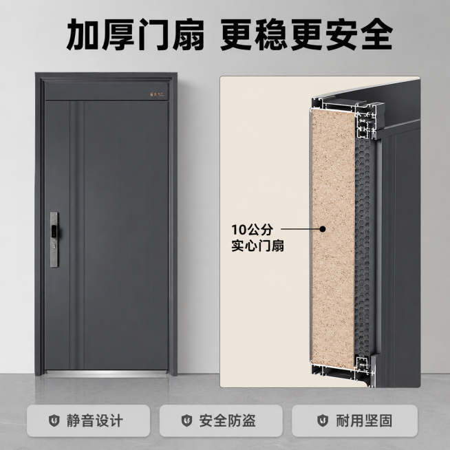 [主图-2] 防盗门核心卖点展示。保持这款深灰色防盗门的外观（物理结构、材质质感、颜色）与输入产品图绝对一致，杜绝任何变形和色差，精细化处理。[氛围风格]简约现代专业品质风格；[画质]商业摄影质感、光预览效果