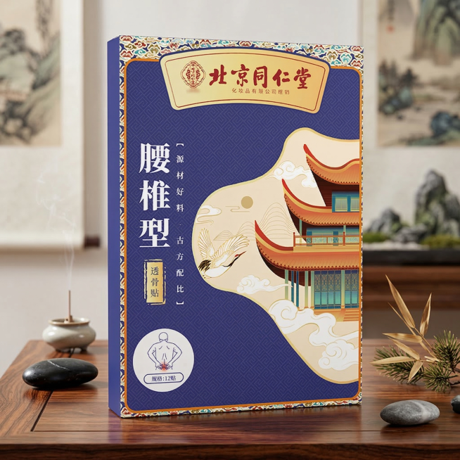 北京同仁堂腰椎型透骨贴产品展示图，将产品放在中式禅意木纹背景中预览效果