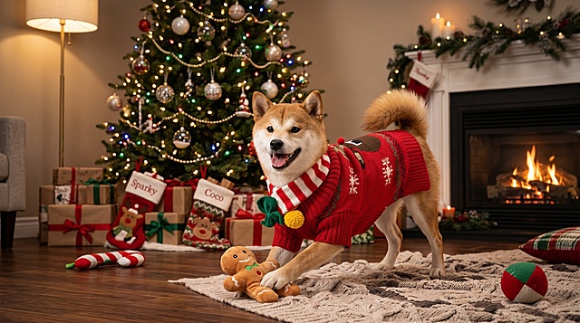 保留原图中狗狗和红色圣诞毛衣的主体特征不变，生成温馨室内圣诞节场景里狗狗穿着这件圣诞毛衣开心玩耍的图片，超清，细节丰富，真实自然