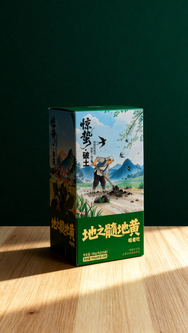 地黄产品包装盒，纸质材质，绿蓝配色，带有国风插画和文字。保持产品物理结构不变，严禁扭曲拉伸改变产品形态。纯色背景，参考图的深墨绿色纯色背景，产品放置在浅木色桌面上。侧前方柔光。产品受光面泛起浅木暖色，预览效果