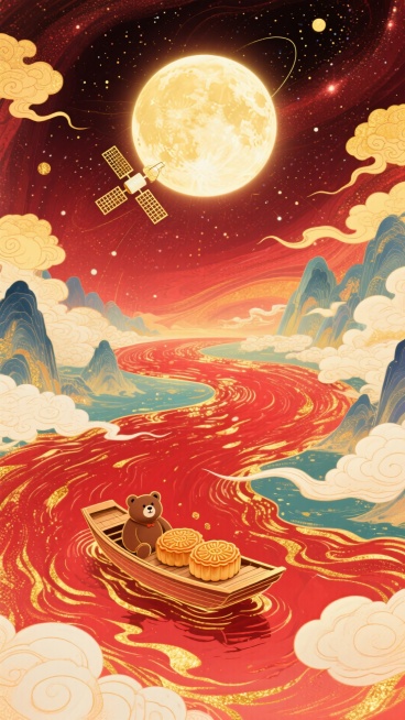 梦幻奇幻风格插画，全景，小船（漂浮在红金色河流上，船上有小熊和两个月饼 ）居画底部，星空漩涡从小船向四周扩散成漩涡状星空（红金色交织） ，中央巨大的发光满月，卫星，超现实的星空河流世界，梦幻感，色彩以预览效果