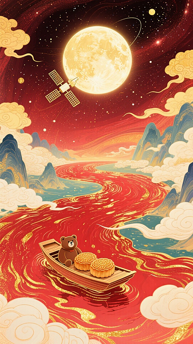 梦幻奇幻风格插画，全景，小船（漂浮在红金色河流上，船上有小熊和两个月饼 ）居画底部，星空漩涡从小船向四周扩散成漩涡状星空（红金色交织） ，中央巨大的发光满月，卫星，超现实的星空河流世界，梦幻感，色彩以深邃红、暖黄为主，搭配金色点缀