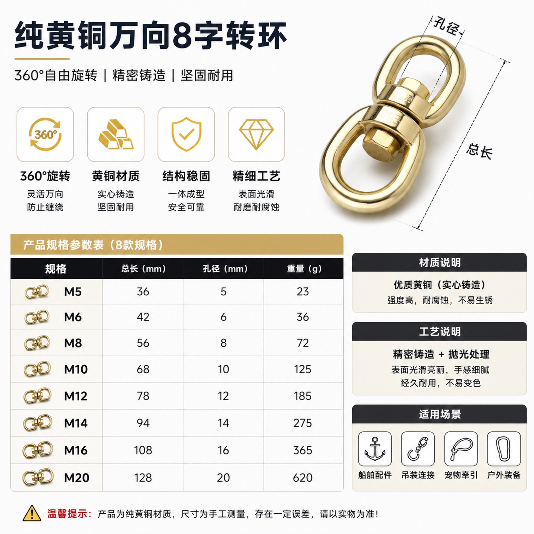 纯黄铜万向8字转环完整产品参数表主图，清晰列出所有8款规格的总… - 图片创意预览