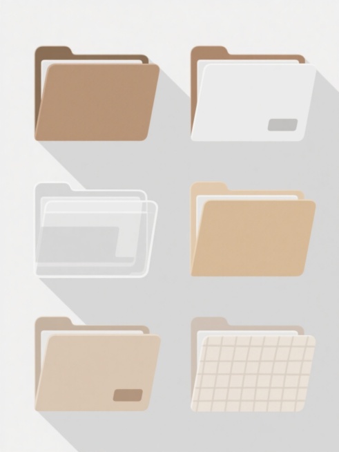 极简风格插画，六个不同样式和材质的文件夹，白色背景，排列整齐，配色简洁，扁平化设计，柔和阴影，圆角处理，简洁线条，清新色调，高对比度，清晰边缘，文件夹材质包括牛皮纸、塑料、布料等，每个文件夹有独特设计细节，整体构图平衡，视觉层级分明，信息传达高效，现代简约设计感。预览效果