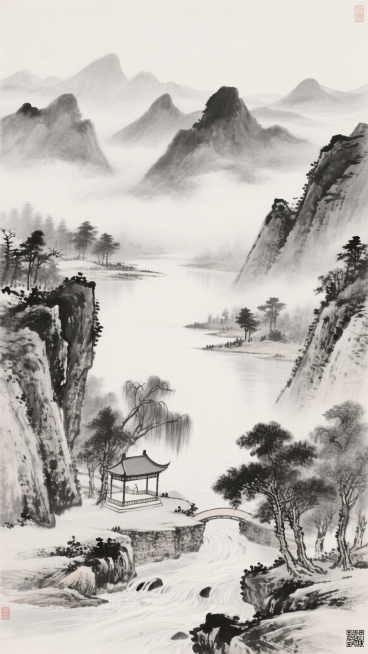 中国传统水墨山水画风格，以黑白灰为基调，运用淡墨渲染出远山的朦胧意境与近景的清晰笔触，展现干笔皴擦的山石纹理与湿墨晕染的云雾效果，整体构图采用高远与深远相结合的变换布局，画面下方以溪流、亭台、树木为近景，中部以开阔水面连接两岸山峦，上方以层叠起伏的远山与缥缈云雾营造空间层次感，保留原作中水墨特有的留白韵味与静谧悠远的东方美学氛围，无LOGO、文字及二维码等元素。预览效果
