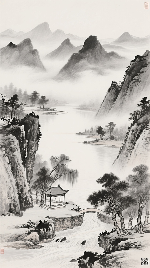 中国传统水墨山水画风格，以黑白灰为基调，运用淡墨渲染出远山的朦胧意境与近景的清晰笔触，展现干笔皴擦的山石纹理与湿墨晕染的云雾效果，整体构图采用高远与深远相结合的变换布局，画面下方以溪流、亭台、树木为近景，中部以开阔水面连接两岸山峦，上方以层叠起伏的远山与缥缈云雾营造空间层次感，保留原作中水墨特有的留白韵味与静谧悠远的东方美学氛围，无LOGO、文字及二维码等元素。
