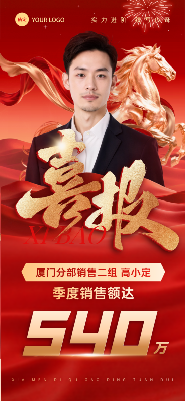 马年金融商务销售业绩红金丝绸风喜报全屏竖版海报预览效果