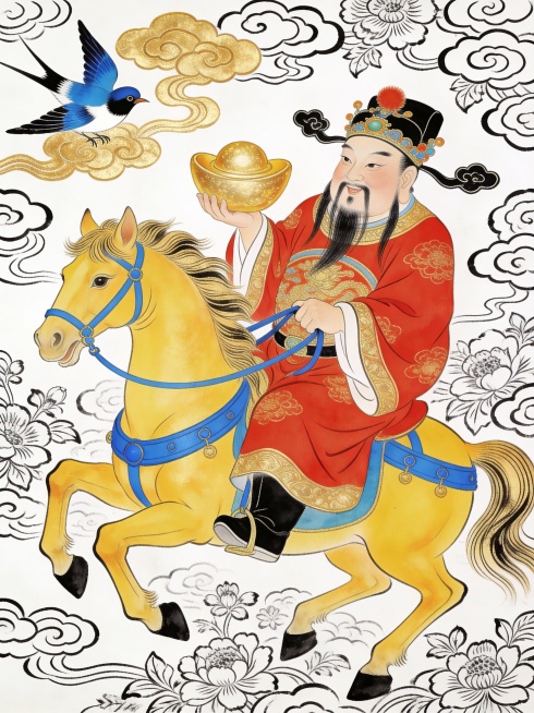 财神爷骑金黄色奔腾骏马，左手托金元宝，右手握缰绳；骏马四蹄腾空，配蓝色马具。左上角有蓝黑白相间燕子与金色祥云，干净的白色背景预览效果