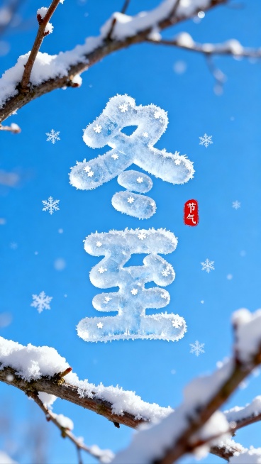 画面中央是冰霜圆润可爱字体形成“冬至” 二字，字体上可以有小小的雪花元素点缀。背景是蓝天，画面中有白雪冬日的树枝。立冬字旁红色小印章”节气“点缀，整体画面色彩明亮预览效果