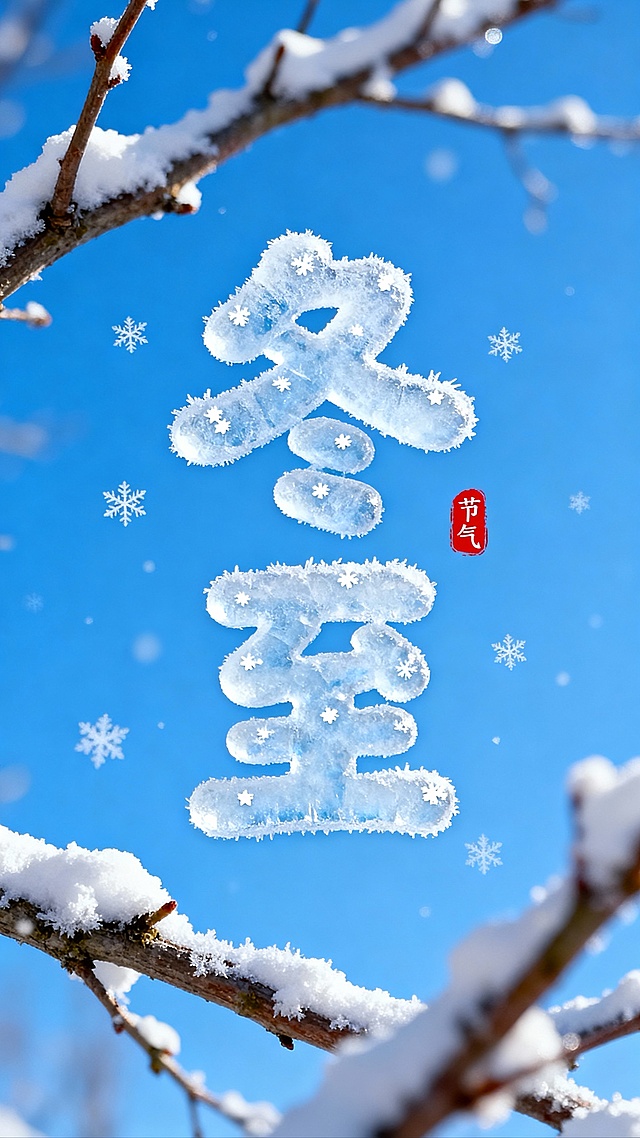 冰雪肌理风与玻璃风结合，大字“冬至”如晶莹冰雕，融中式美学与清透质感，枝头落雪映衬，唯美感十足，节气氛围浓郁。