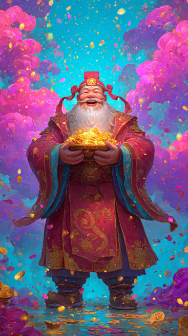 主体：一位Q版的财神爷，位于画面中心，面带微笑，身穿红色官服，头戴官帽，双手各捧一个装满金元宝的金色宝箱。
材质与光效：财神的官服和皮肤不再是普通的布料和皮肤质感，而是半透明的七彩琉璃质感，边缘散发着预览效果