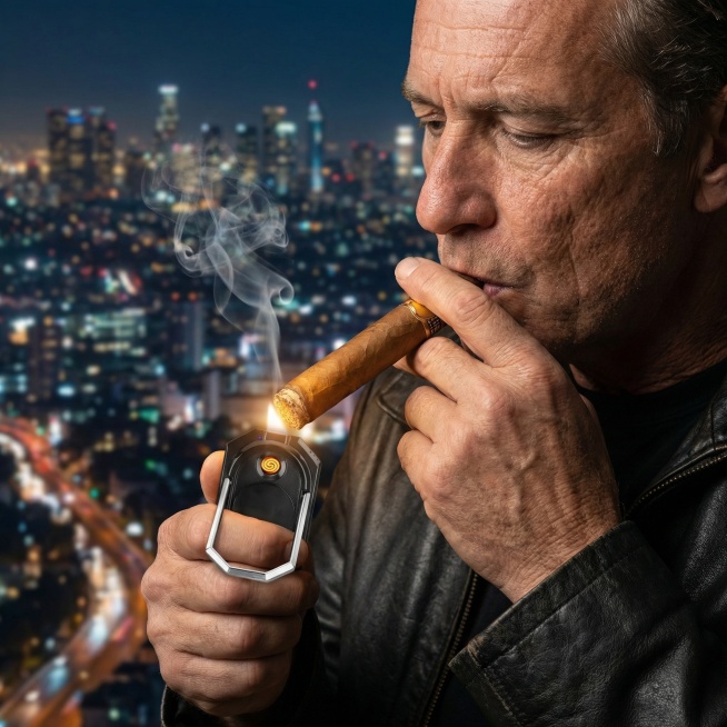 生成一个外国男人按照图中手部姿势拿着打火机，在点雪茄，晚上夜景预览效果