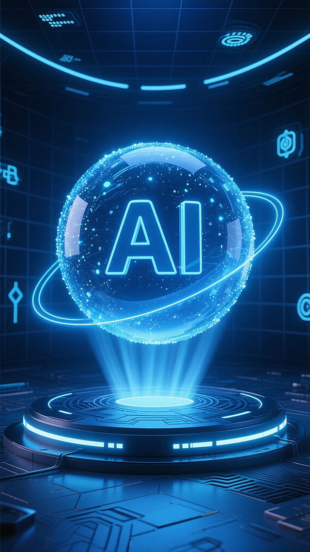 深蓝色调的未来科技感场景，中央悬浮着由发光粒子构成的半透明球体，球体中心有巨大的立体“AI”字样，周围环绕着蓝色光线轨迹，球体下方是带有科技纹路和发光灯带的圆形平台，平台底部投射出向上的光束照亮整个球体，背景是深蓝色的网格状空间，点缀着发光的科技图标元素，整体呈现出神秘而先进的智能科技氛围，具有清晰的视觉层次和强烈的未来感设计风格。