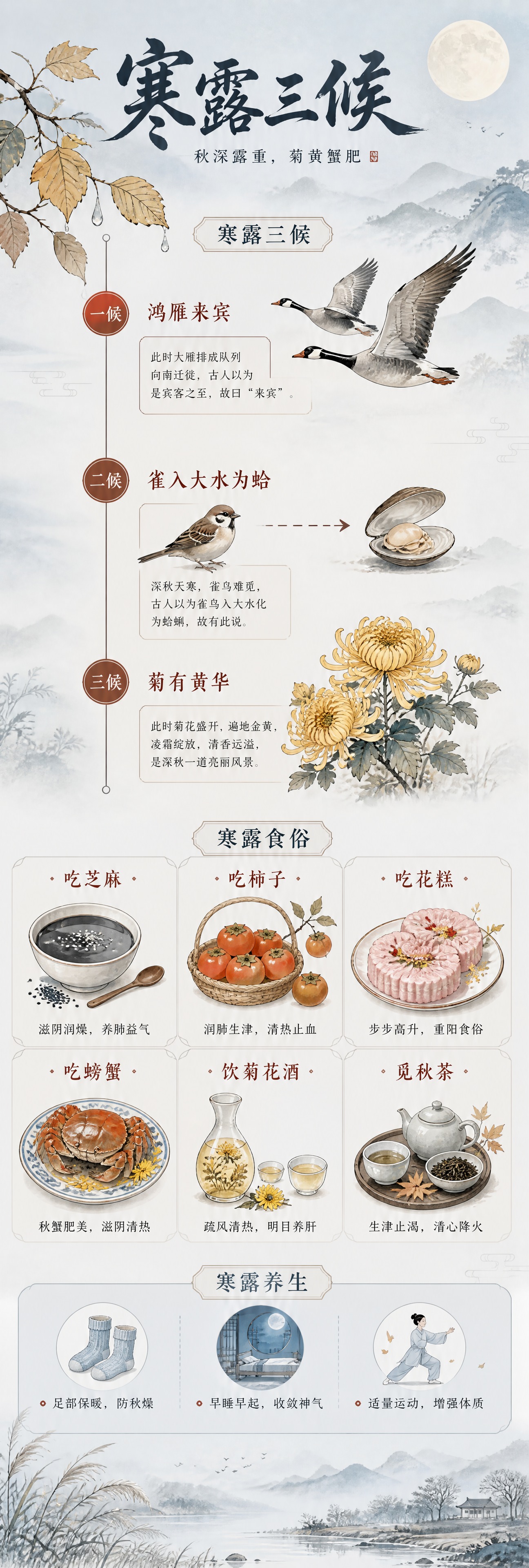 竖版长图，寒露物候与食俗科普信息图，新中式水墨与工笔画融合风格… - 图片创意预览