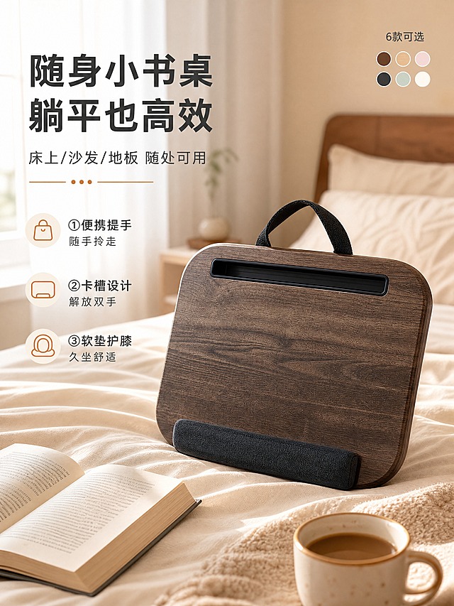 [商品] 使用【图3】深胡桃木纹面膝上桌（带黑色提手、顶部卡槽、底部深灰软垫）作为主展示款；保留产品整体结构、圆角矩形轮廓、顶部平板卡槽位置与形状、提手材质与位置、底部软垫形态、木纹纹理与颜色；商品处理：增强木纹质感与边缘圆润度，保持产品真实比例与结构不变。
[画面] 目标：头图海报，营造温馨居家氛围并突出产品核心价值。构图：左文右图，产品置于右侧偏中位置，占画面约55%；左侧留白放文案区。场景：温馨卧室床上场景，浅米色床品、柔和自然光从左侧窗户洒入，背景虚化可见床头与窗帘；产品平稳放置在膝盖高度的床面上，呈30度侧俯视角。前景有一本打开的书和一杯咖啡作为点缀，增强生活感。
[视觉] 套系策略：风格=现代简约温馨家居商业摄影；标题字=思源黑体粗体；正文字=思源黑体常规；主色=深胡桃木棕；背景延展=基于深胡桃木棕做深浅层级、同色渐变和细腻木纹/织物质感；强调色=暖橙色，仅用于小面积图标、引线和标签；标题色=深炭灰；正文色=中暖灰；组件=圆角浅底信息卡、细线引线、胶囊标签；光影=左前侧暖柔光，柔和自然阴影。
[文字] 左上区域主标题「随身小书桌 躺平也高效」（8字），副标题「床上/沙发/地板 随处可用」，下方3个短卖点：①便携提手 随手拎走 ②卡槽设计 解放双手 ③软垫护膝 久坐舒适；文字区不遮挡产品主体。右上角小区域展示6色小圆点阵列标注「6款可选」。
[规格] 图片比例3:4竖版，4K分辨率，负向提示：避免变形、错字、文字过小、冷蓝背景、产品结构改变、缺件漏件、绝对化用语