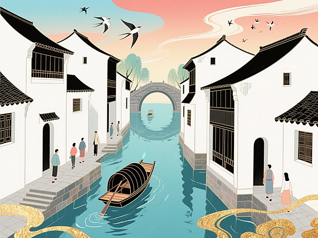 中式古典插画，水墨风格描绘江南水乡，清新文艺，展现国潮风韵。