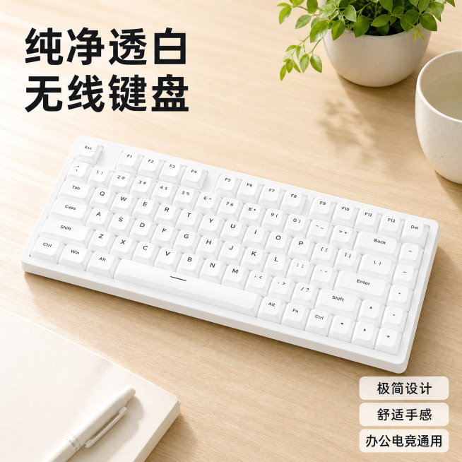 [主图-4] 白色机械键盘整机外观展示主图。[氛围风格] 简约现代办公场景，清新舒适。[画质] 商业摄影质感、光线柔和通透、产品清晰真实、画面干净高级。[元素] 完整展示键盘整体外观，放置在简约原木办预览效果