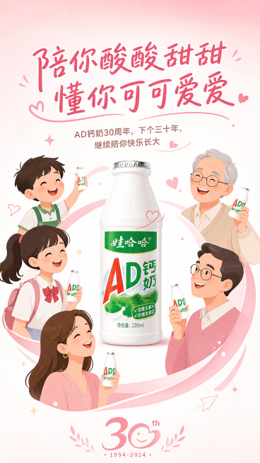 扁平插画设计，H5第六页，主标题“陪你酸酸甜甜”，副标题“懂你可可爱爱”，配图文字“AD钙奶30周年，下个三十年，继续陪你快乐长大”，背景用粉白渐变，插画绘制不同年龄段的开心笑脸围绕AD钙奶瓶，整体氛预览效果