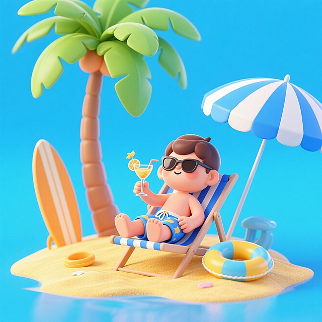 清新软3D风，卡通人物沙滩度假，椰树、冲浪板点缀，夏日休闲氛围。