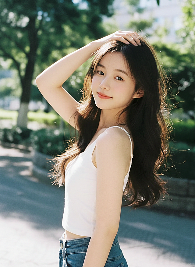 女生的手势变为一只手举起来撩头发