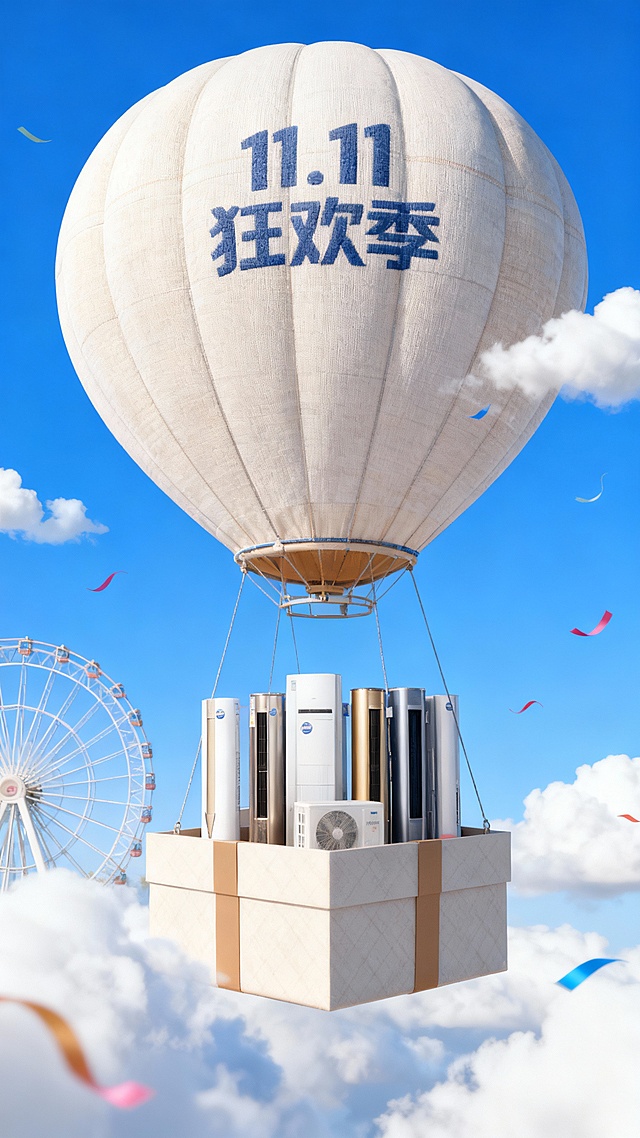 一个带有主体配色的大型热气球，吊篮为礼盒样式，礼盒里放着图中所有物品，气球上绣着“11.11 狂欢季”，背景展示高饱和蓝天、摩天轮、云朵、彩带等元素，营造出活泼、精致的氛围。