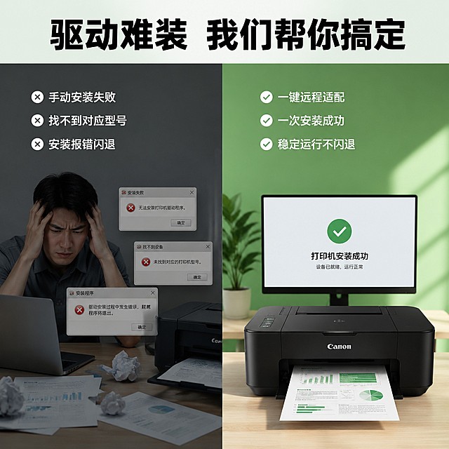 [主图-2] 佳能打印机驱动安装痛点解决展示图。
[氛围风格] 专业简约，对比清晰；
[画质] 商业设计质感、画面清晰干净、文字锐利可读，整体高级专业。
[元素] 画面左右分栏对比，左侧展示安装失败、报错找不到驱动的困境场景，深色半透明蒙版标注问题；右侧展示我们安装后打印机正常工作的成功场景，绿色干净背景突出结果。商品主体占比严格控制在70%左右；画面满屏无边框。
[光影] 左右光影一致，左侧困境暗调，右侧成功亮调，明暗对比突出解决效果。
[配色] 主色调清新绿色，困境区深色蒙版，成功区绿色背景，黑白文字对比清晰。
[视角构图] 左右对比平视构图，分区清晰。
[文字版式] 顶部标题："驱动难装 我们帮你搞定"，黑色粗体居中；左侧标注："手动安装失败 找不到对应型号 安装报错闪退"，白色小字；右侧标注："一键远程适配 一次安装成功 稳定运行不闪退"，白色字。文字大小对比明确，不遮挡主体，安全边距充足。
[比例分辨率] 1:1 比例，4k 分辨率；文字清晰可辨，超高清。
[负向提示词] 变形，文字错乱，产品图模糊，背景杂乱，水印，电商平台Logo，绝对化违禁词，联系方式，二维码